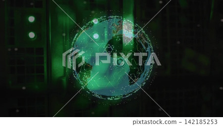 Floating holographic globe showing network nodes and ripples in data center, with server racks Floating holographic globe showing network nodes and ripples in data center, with server racks 142185253