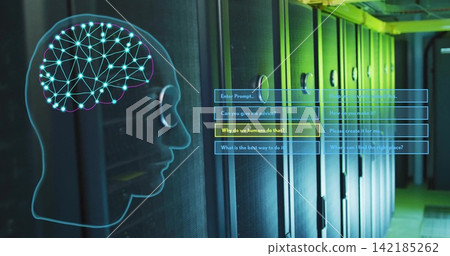 Displaying hologram head showing neural network in server room aisle, racks, UI prompts, copy space Displaying hologram head showing neural network in server room aisle, racks, UI prompts, copy space 142185262