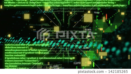 Displaying digital data view merging code lines, candlestick chart, numeric readouts on dark screen Displaying digital data view merging code lines, candlestick chart, numeric readouts on dark screen 142185265