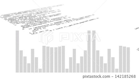 Showing small grey tile array forming equalizer on white surface with blurred code pages Showing small grey tile array forming equalizer on white surface with blurred code pages 142185268