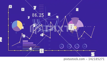 Showing central jagged yellow line chart rising across deep purple backdrop, featuring radial chart 142185271