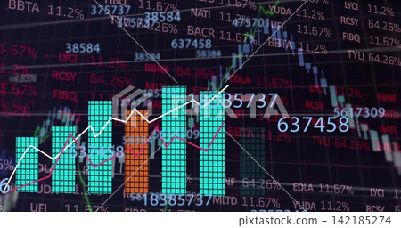 Showing teal bars with orange bar on trade screen displaying white pink lines and floating numbers Showing teal bars with orange bar on trade screen displaying white pink lines and floating numbers 142185274