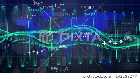 Displaying teal and green waveform bands with pulse spikes across data display with numeric labels Displaying teal and green waveform bands with pulse spikes across data display with numeric labels 142185277