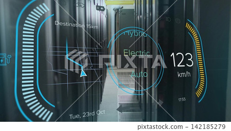 Showing data center corridor with HUD reading Destination 15km, 123 km or h, servers, vent tiles Showing data center corridor with HUD reading Destination 15km, 123 km or h, servers, vent tiles 142185279