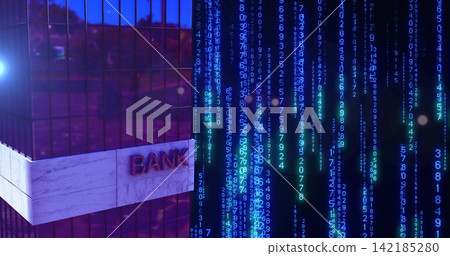 Displaying bank corner with BANK on marble band reflective glass cascading numeric code, copy space Displaying bank corner with BANK on marble band reflective glass cascading numeric code, copy space 142185280