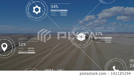 Overlaying aerial field with supply HUD showing order IDs, map pin, package icon, progress percent Overlaying aerial field with supply HUD showing order IDs, map pin, package icon, progress percent 142185294