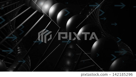 Twisting double-helix matte black spheres threading thin rods in dark 3D scene showing teal arrows. Beads, strand, promo, abstract, futuristic, science, cyan Twisting double-helix matte black spheres threading thin rods in dark 3D scene showing teal arrows. Beads, strand, promo, abstract, futuristic, science, cyan 142185296