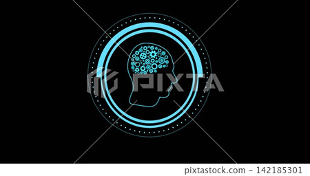 Displaying neon-blue head silhouette with gears turning inside on black backdrop, ring markers Displaying neon-blue head silhouette with gears turning inside on black backdrop, ring markers 142185301