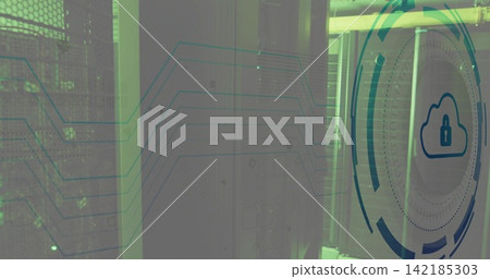 Displaying server racks merging with cloud-padlock HUD in dim green server corridor, with cables Displaying server racks merging with cloud-padlock HUD in dim green server corridor, with cables 142185303