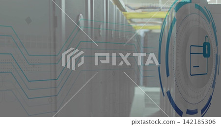 Showing circular security HUD over server aisle, with server racks and overhead cables, copy space 142185306