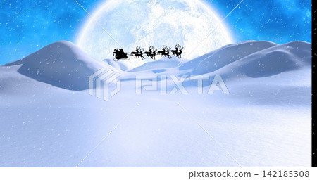 Gliding sleigh with Santa-clad figure and eight reindeer before full moon over hills, falling snow. Silhouette, deer, moonlit, night, landscape, winter, stars Gliding sleigh with Santa-clad figure and eight reindeer before full moon over hills, falling snow. Silhouette, deer, moonlit, night, landscape, winter, stars 142185308