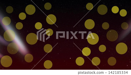 Shimmering golden bokeh discs drifting over burgundy-black gradient, two pale beams and star specks. Circles, orbs, amber, metallic, ambient, abstract, night 142185334