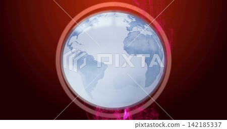 Rotating stylized globe showing blue continents in digital backdrop, glowing rim and magenta smoke. Earth, sphere, ring, glow, neon, gradient, futuristic Rotating stylized globe showing blue continents in digital backdrop, glowing rim and magenta smoke. Earth, sphere, ring, glow, neon, gradient, futuristic 142185337