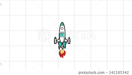 Showing teal-white rocket firing red-yellow flame on white canvas with light-gray grid, crop marks Showing teal-white rocket firing red-yellow flame on white canvas with light-gray grid, crop marks 142185342