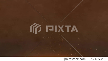 Rising cluster of glowing embers and sparks drifting through smoky dark near campfire, ash specks. Glow, warmth, haze, particles, gradient, lowlight, mood 142185343