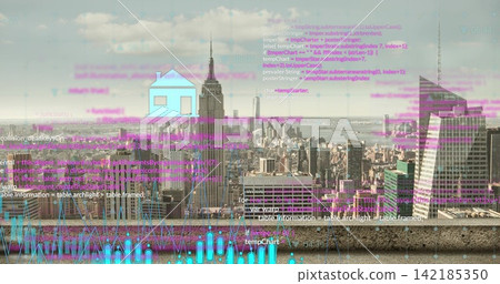 Featuring central spire, towers rising from rooftop parapet, layering magenta code, cyan house icon Featuring central spire, towers rising from rooftop parapet, layering magenta code, cyan house icon 142185350