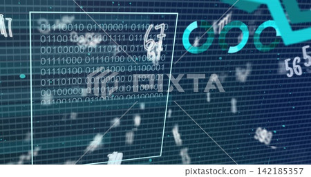 Showing translucent panel with binary on blue grid, teal circle, trendline, drifting digits 142185357