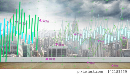 Projecting financial charts in loft through full-height glass wall, with wooden floor and ledge Projecting financial charts in loft through full-height glass wall, with wooden floor and ledge 142185359