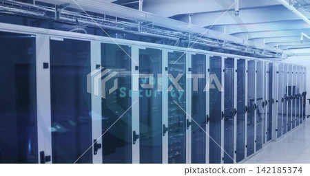 Lining glass server cabinets showing rack servers, patch panels and overhead trays in datacenter Lining glass server cabinets showing rack servers, patch panels and overhead trays in datacenter 142185374