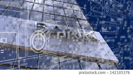 Displaying downtown glass high-rise facade with triangular panes, metal frames, binary HUD overlays Displaying downtown glass high-rise facade with triangular panes, metal frames, binary HUD overlays 142185376