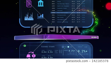 Floating slim purple-magenta smartphone gliding across cyber-styled dark space showing HUD panels. Neon, futuristic, dashboard, holographic, analytics, finance, device Floating slim purple-magenta smartphone gliding across cyber-styled dark space showing HUD panels. Neon, futuristic, dashboard, holographic, analytics, finance, device 142185378