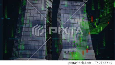 Glowing glass towers showing green numeric overlays, candles and dotted uptrend at night, bank sign Glowing glass towers showing green numeric overlays, candles and dotted uptrend at night, bank sign 142185379