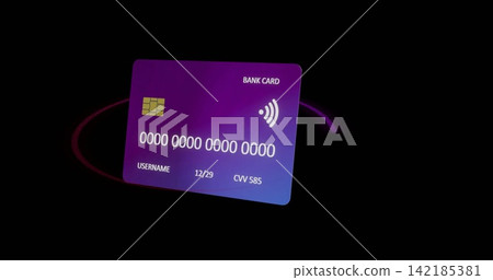 Floating purple bank card tilting against black void, with gold EMV chip, NFC icon, card details. Levitating, holographic, violet, gradient, futuristic, fintech, payment Floating purple bank card tilting against black void, with gold EMV chip, NFC icon, card details. Levitating, holographic, violet, gradient, futuristic, fintech, payment 142185381