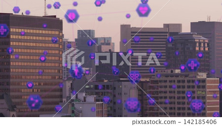 Floating purple-blue holographic icons covering downtown skyline at dusk, showing rooftop antennas Floating purple-blue holographic icons covering downtown skyline at dusk, showing rooftop antennas 142185406