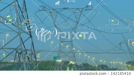 Towering lattice pylon dominating utility corridor by highway, showing digital energy overlays Towering lattice pylon dominating utility corridor by highway, showing digital energy overlays 142185410