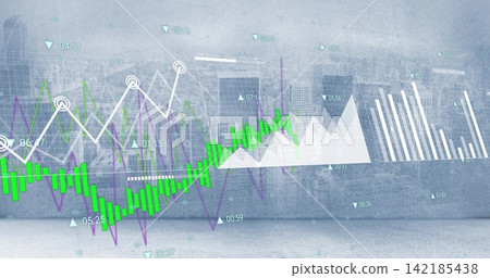 Market graphics centering over faded city skyline, with green candles and white line Market graphics centering over faded city skyline, with green candles and white line 142185438