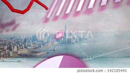 Displaying waterfront skyline featuring high-rise towers and bridge over harbor, with data overlays Displaying waterfront skyline featuring high-rise towers and bridge over harbor, with data overlays 142185441