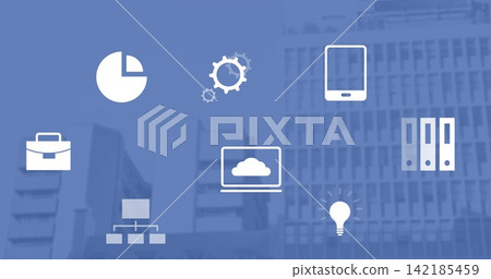 Displaying white icons floating over blue office backdrop, showing laptop cloud, pie chart, gears Displaying white icons floating over blue office backdrop, showing laptop cloud, pie chart, gears 142185459