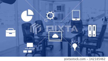 Vertical video: Office table and chairs centered, briefing starting showing pie chart icon for biz Vertical video: Office table and chairs centered, briefing starting showing pie chart icon for biz 142185462