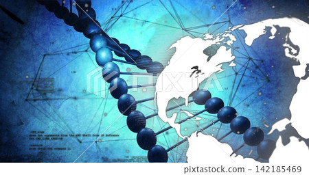 Displaying stylized DNA helix running diagonal across blue gradient, with North America silhouette. Genome, biotechnology, data, network, map, continent, futuristic Displaying stylized DNA helix running diagonal across blue gradient, with North America silhouette. Genome, biotechnology, data, network, map, continent, futuristic 142185469