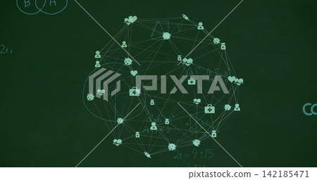Displaying teal network centered on green chalkboard, linking hearts, users, med cross, syringe Displaying teal network centered on green chalkboard, linking hearts, users, med cross, syringe 142185471