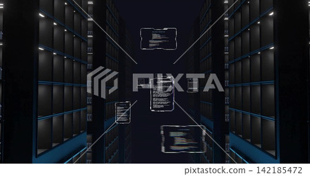 Floating holographic code panels drifting through dark server rack aisle, showing blue LED strips. Neon, futurism, symmetry, industrial, interfaces, glow, cyber Floating holographic code panels drifting through dark server rack aisle, showing blue LED strips. Neon, futurism, symmetry, industrial, interfaces, glow, cyber 142185472