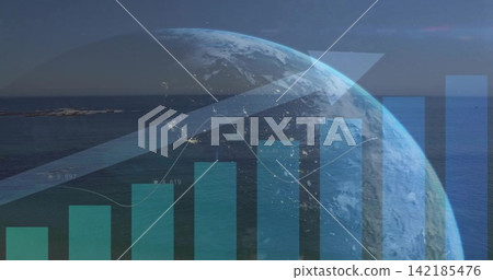 Displaying translucent globe, teal bars, upward arrow over calm ocean with small islet left horizon Displaying translucent globe, teal bars, upward arrow over calm ocean with small islet left horizon 142185476