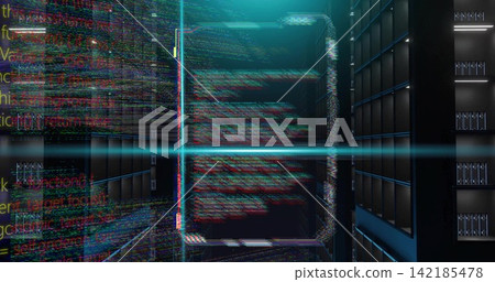 Streaming holographic display casting cyan beams in data center aisle, showing server racks, LEDs. Panel, code, glitch, teal, neon, cabling, floor Streaming holographic display casting cyan beams in data center aisle, showing server racks, LEDs. Panel, code, glitch, teal, neon, cabling, floor 142185478