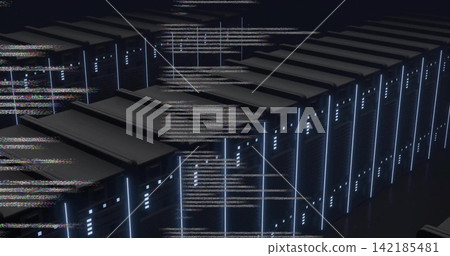 Glowing central server rack cabinets pulsing through dark data center aisles, LED strips reflecting. Neonblue, hightech, symmetry, perspective, grid, industrial, glitch Glowing central server rack cabinets pulsing through dark data center aisles, LED strips reflecting. Neonblue, hightech, symmetry, perspective, grid, industrial, glitch 142185481