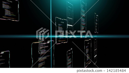 Floating hologram code panels reflecting crossing cyan beams in virtual void, glowing magenta edges. Neon, holographic, screens, cyberspace, futuristic, translucent, depth 142185484