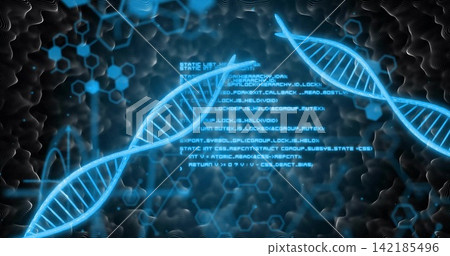 Glowing cyan double helix spanning diagonally across virtual lab display, with code, hexagon grid. Dna, neon, genomics, bioinformatics, holographic, visualization, futuristic Glowing cyan double helix spanning diagonally across virtual lab display, with code, hexagon grid. Dna, neon, genomics, bioinformatics, holographic, visualization, futuristic 142185496