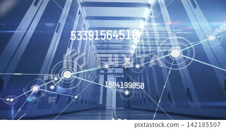 Glowing server racks forming long central aisle in data center, projecting numeric AR overlays Glowing server racks forming long central aisle in data center, projecting numeric AR overlays 142185507