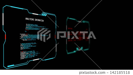 Glowing left HUD showing ANALYSING INFORMATION code cyan border red marks in black void, copy space Glowing left HUD showing ANALYSING INFORMATION code cyan border red marks in black void, copy space 142185518