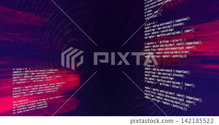 Framing central dark tunnel opening, magenta neon strips projecting code panels radial scanline. Cyberpunk, projection, glow, corridor, glitch, purple, red 142185522