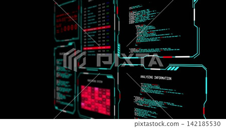 Glowing HUD panels displaying ANALYSING INFORMATION header, showing code and red heatmap on right Glowing HUD panels displaying ANALYSING INFORMATION header, showing code and red heatmap on right 142185530