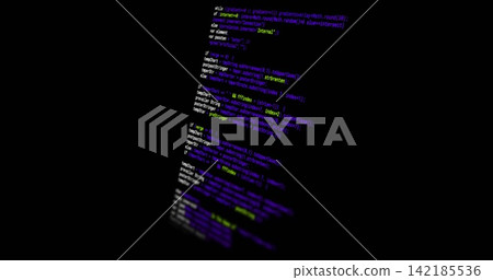 Displaying syntax code column tilting in dark background, blurred edges, black space, copy space Displaying syntax code column tilting in dark background, blurred edges, black space, copy space 142185536