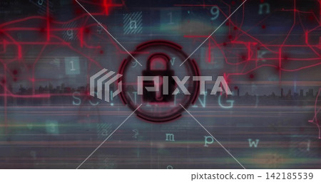 Displaying central padlock icon hovering over horizontal skyline band, with red circuitry traces Displaying central padlock icon hovering over horizontal skyline band, with red circuitry traces 142185539