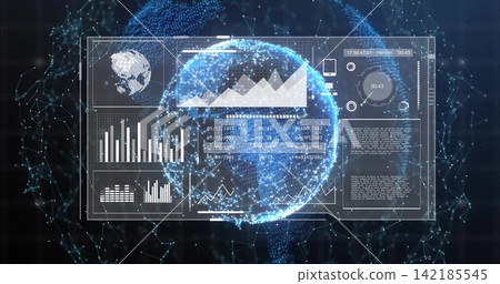 Displaying holographic particle globe with clear dashboard in network backdrop, showing charts Displaying holographic particle globe with clear dashboard in network backdrop, showing charts 142185545