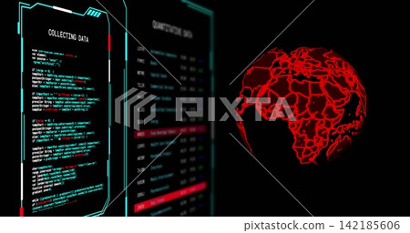Red neon wireframe globe pulsing and updating while COLLECTING DATA panel streaming security alerts Red neon wireframe globe pulsing and updating while COLLECTING DATA panel streaming security alerts 142185606