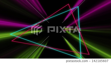 Pulsing cyan and magenta neon triangles overlapping in black void, sending green magenta streaks Pulsing cyan and magenta neon triangles overlapping in black void, sending green magenta streaks 142185607